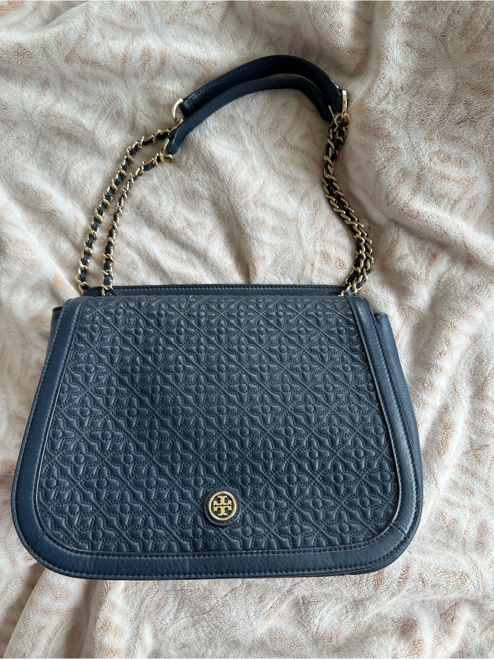 Tory Burch Navy Quilted Leather Shoulder Bag with Gold Hardware